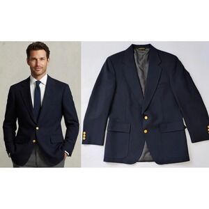 VTG Adams Row Wool Blazer Mens 40 Navy Blue Gold Crest Button Sport Coat USA